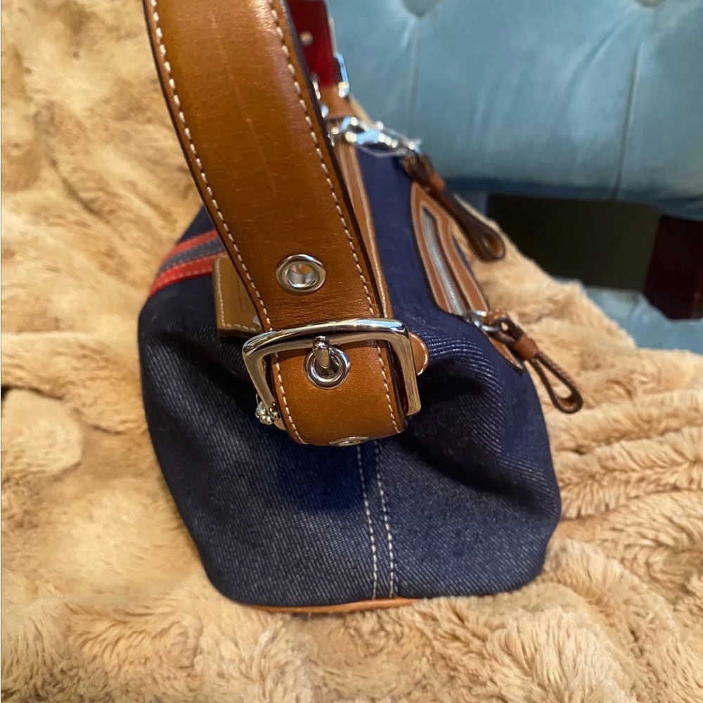 Coach Denim Shoulder Bag with Red and Navy Stripe - Picture 5 of 7